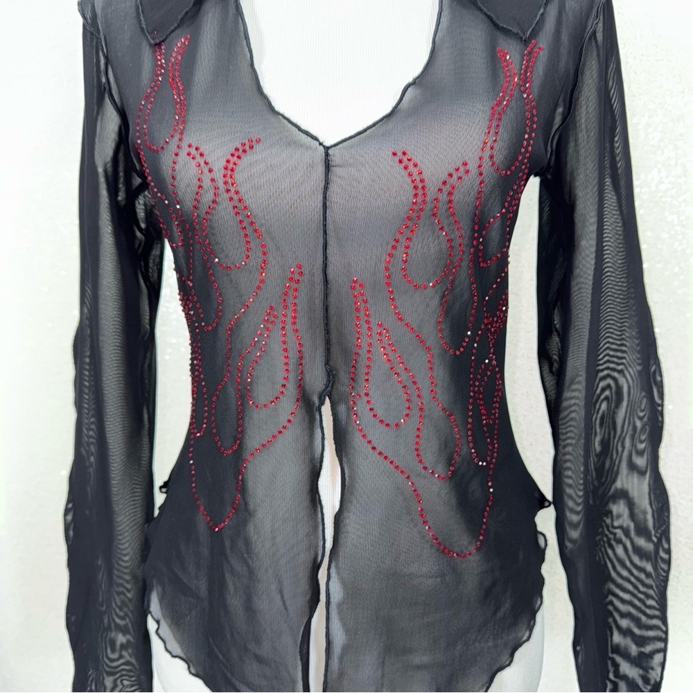 Urban Outfitters Sheer Mesh Rhinestone Flame Top L Y2K Goth Fairy Grunge - Picture 14 of 16